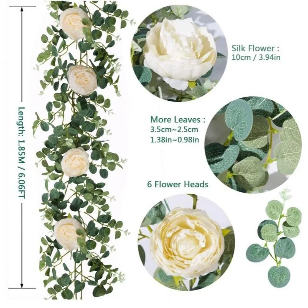 Hanging Eucalyptus Garland with 6 Ivory Champagne Roses Vine Flower Decor ~ NEW